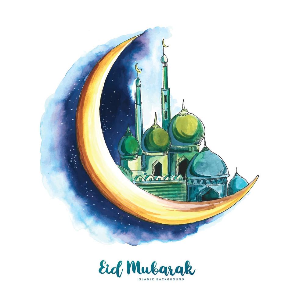 Eid Mubarak islamic moon and mosque greeting card background vector