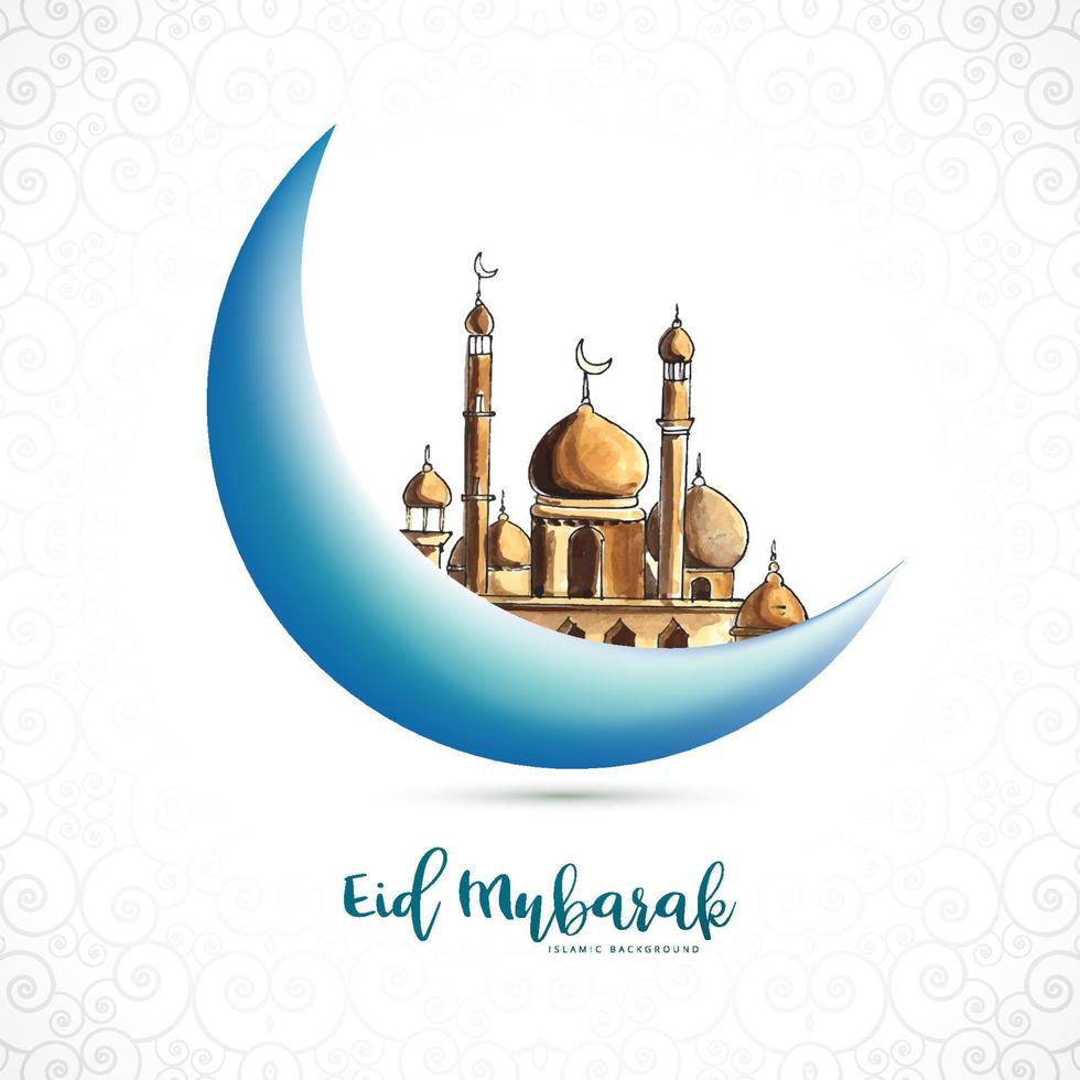 Eid mubarak islamic moon and mosque greeting card background vector