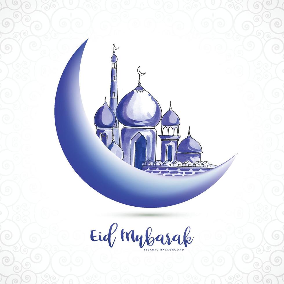 fondo de tarjeta de felicitación de luna y mezquita islámica de eid mubarak vector