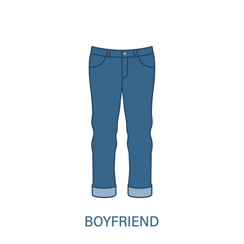 Woman Boyfriend Type Jeans Trousers Silhouette Icon. Modern Women Denim Clothing Style. Blue Fashion Casual Apparel. Beautiful Type of Female Pants. Mom Fit Pant. Isolated Vector Illustration.