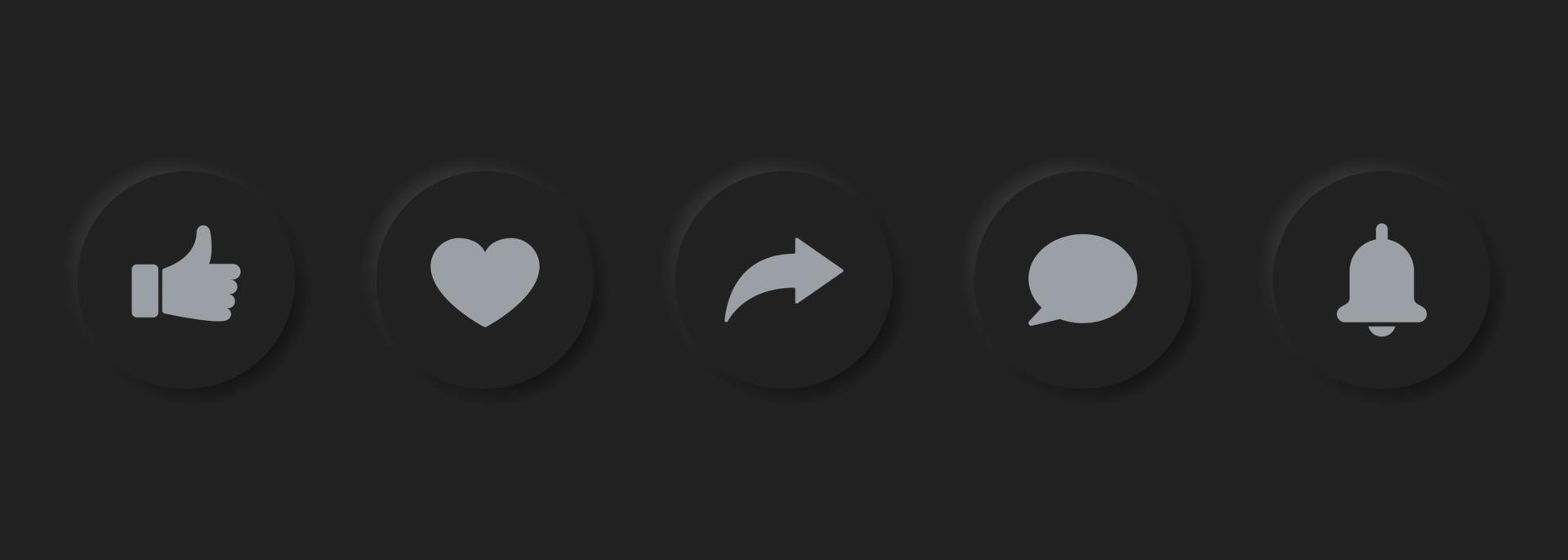 conjunto de botones de redes sociales de neumorfismo. barra de botones acanalados de círculo oscuro para la interfaz de la aplicación. botón de compromiso multimedia moderno. ilustración vectorial aislada. vector