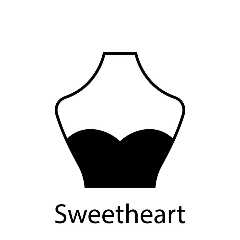 cariño de tipo de escote de moda para blusa de mujer, icono de silueta de vestido. camiseta negra, top corto en maniquí. damas de moda tipo de escote corazón. ilustración vectorial aislada. vector