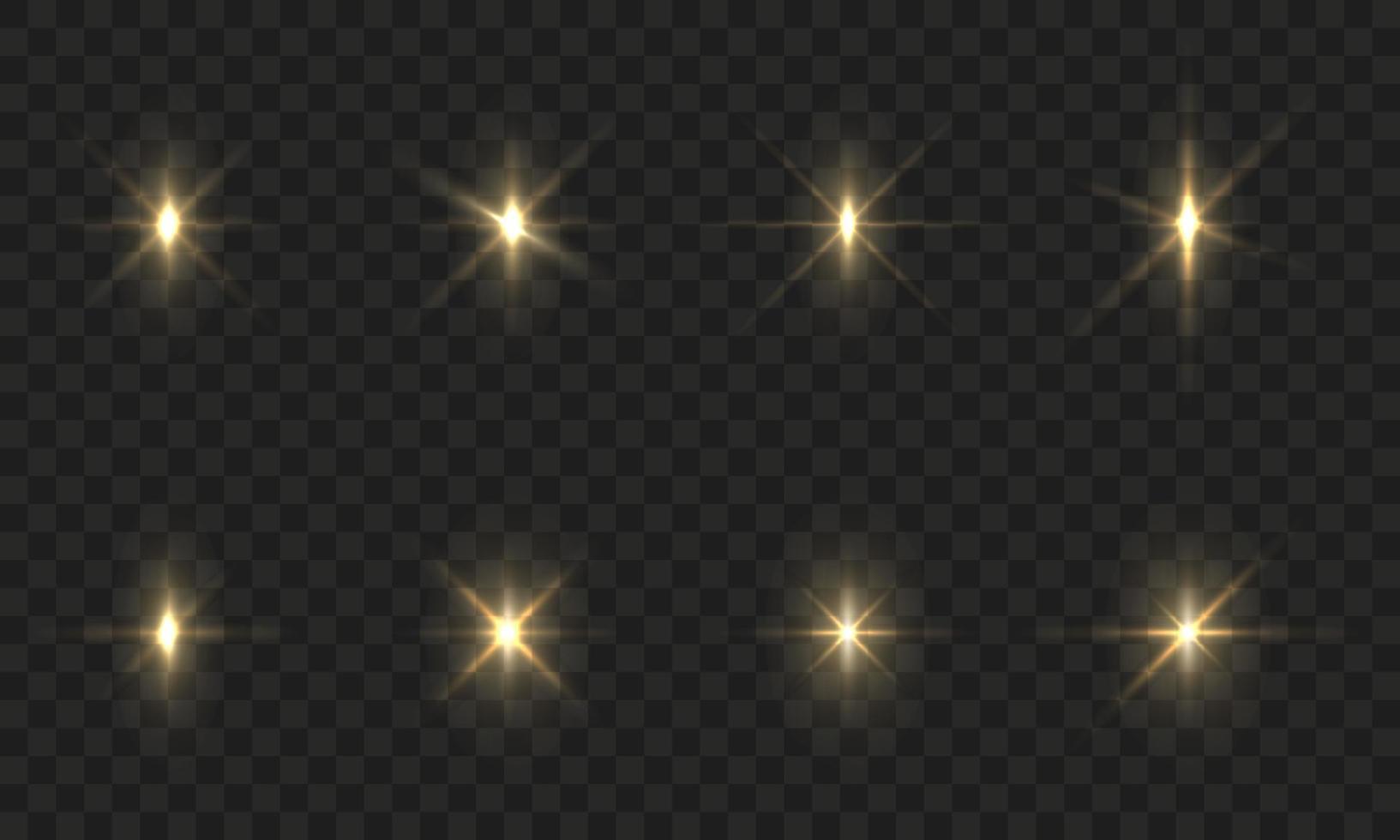 Set of Shine Stars on Transparent Background. Flare Sparkle Stars. Gleam Glitter Festive Set. Golden bokeh Lights Glitter and Sequins. Shiny Burst Illuminated Flare. Isolated Vector Illustration.