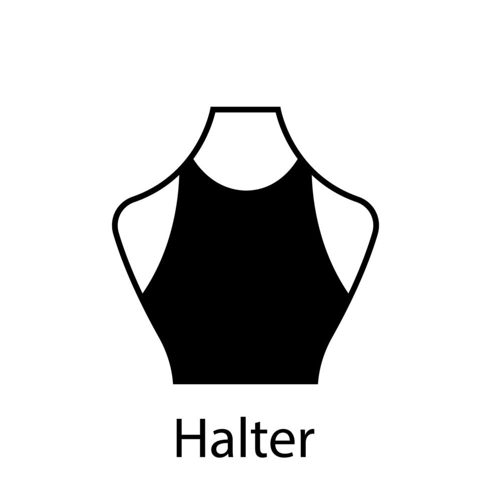 Halter Neckline Type for Women T-Shirt, Blouse, Dress Silhouette Icon Collection. Black Apparel on Dummy with Halter Neckline Type. Trend Woman Halter Type of Neckline. Isolated Vector Illustration.