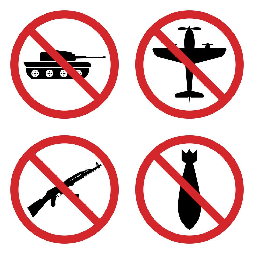 No War Symbol Silhouette Icon Set. Red Stop Sign Military Weapon Glyph Pictogram Collection. Warning Tank, War Plane, Nuclear Bomb, AK47 Icon. No Army Only Peace Symbol. Isolated Vector Illustration.