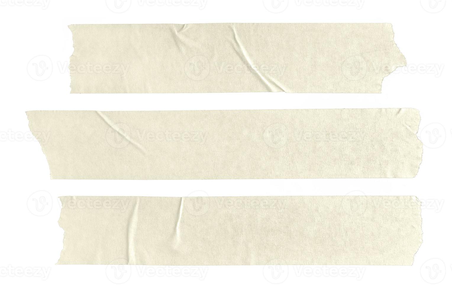 Set of three beige blank paper tape stickers isolated on white background. Template mock up photo