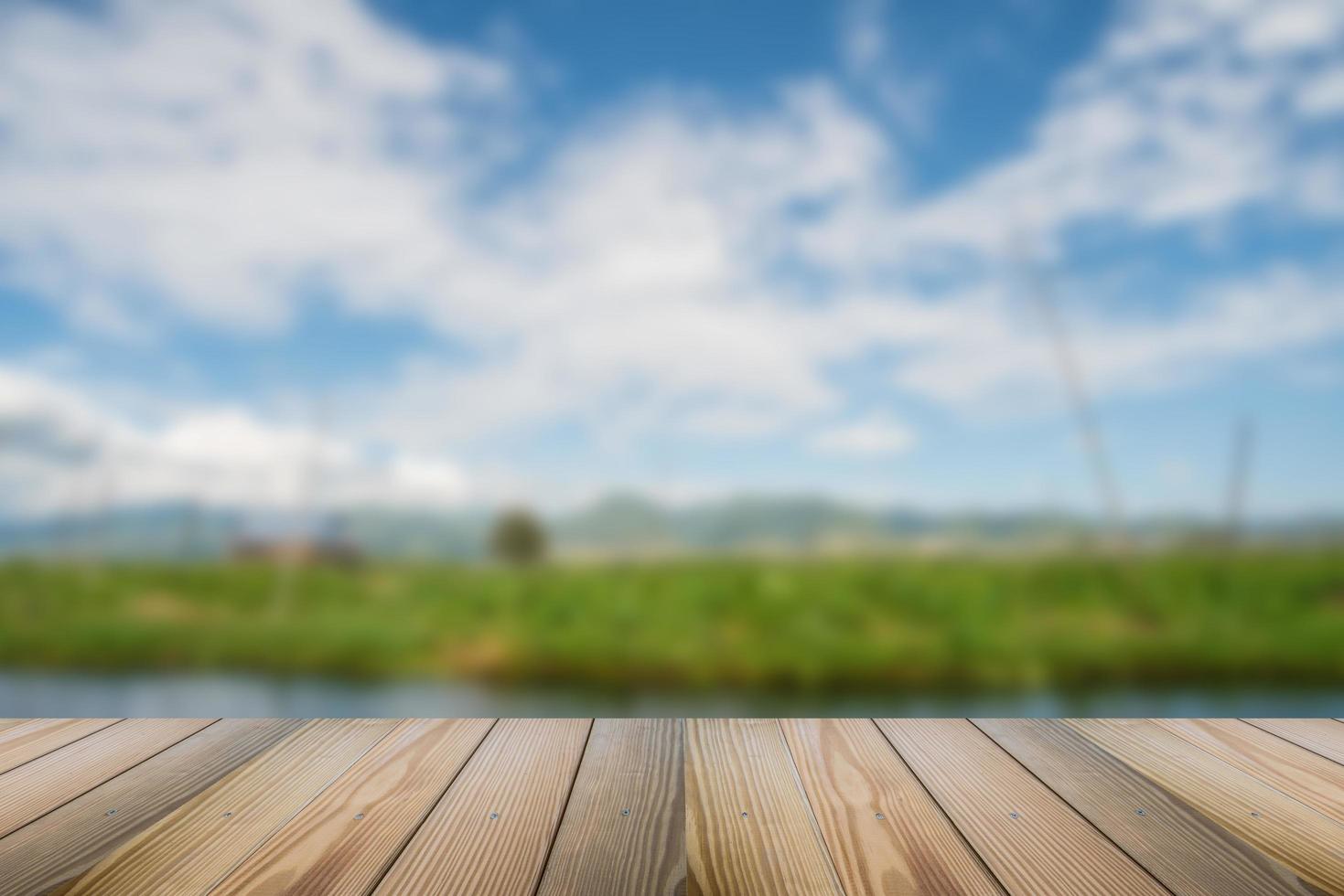 Wood floor with blurred nature background. photo