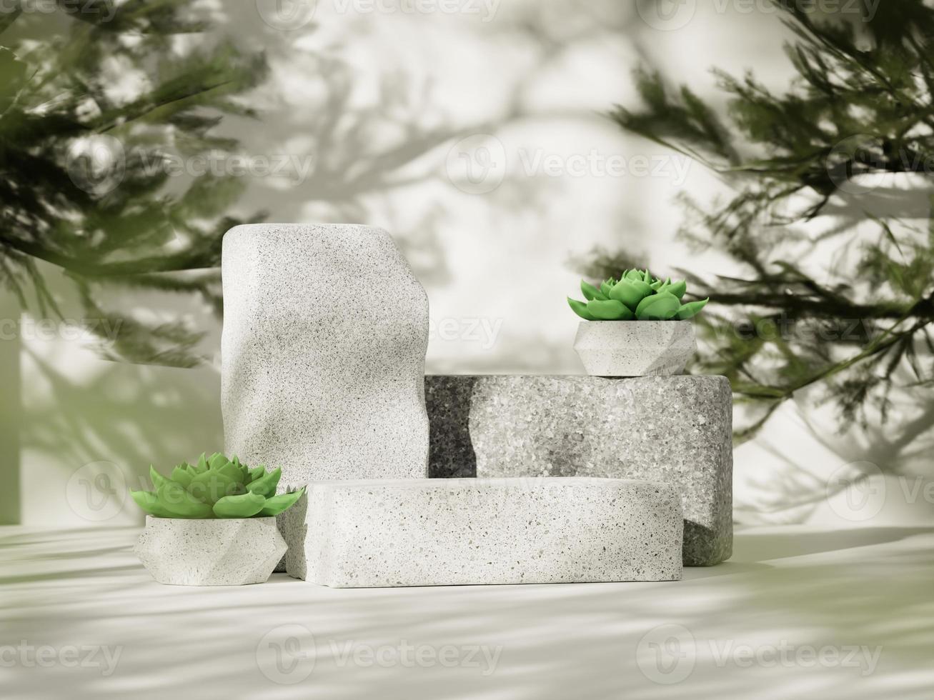 3d minimal brick display podiums with succulents and tree on white background. 3d rendering of realistic presentation for product advertising. 3d minimal illustration. photo