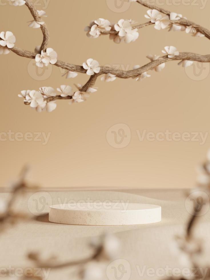 Podios de visualización mínimos en 3d sobre tela y flor de cerezo o sakura sobre fondo beige. Representación 3D de presentación realista para publicidad de productos. Ilustración mínima 3d. foto