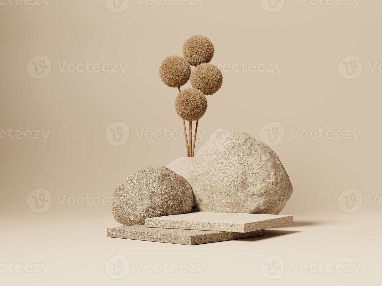 Podios de pantalla plana mínimos en 3d con plantas secas y piedras sobre fondo beige. Representación 3D de presentación abstracta para publicidad de productos. Ilustración mínima 3d. foto