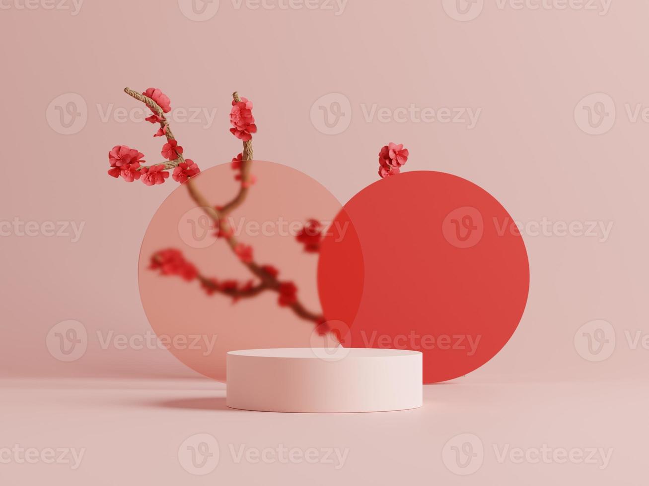 Podios de visualización mínimos en 3d con flor de cerezo o fondo de sakura. Representación 3D de presentación realista para publicidad de productos. Ilustración mínima 3d. foto