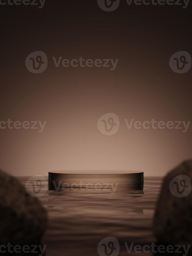 3d glass display podium on the water with the stone foreground. 3d rendering of realistic presentation for product advertising. 3d minimal illustration. Selective focus. photo