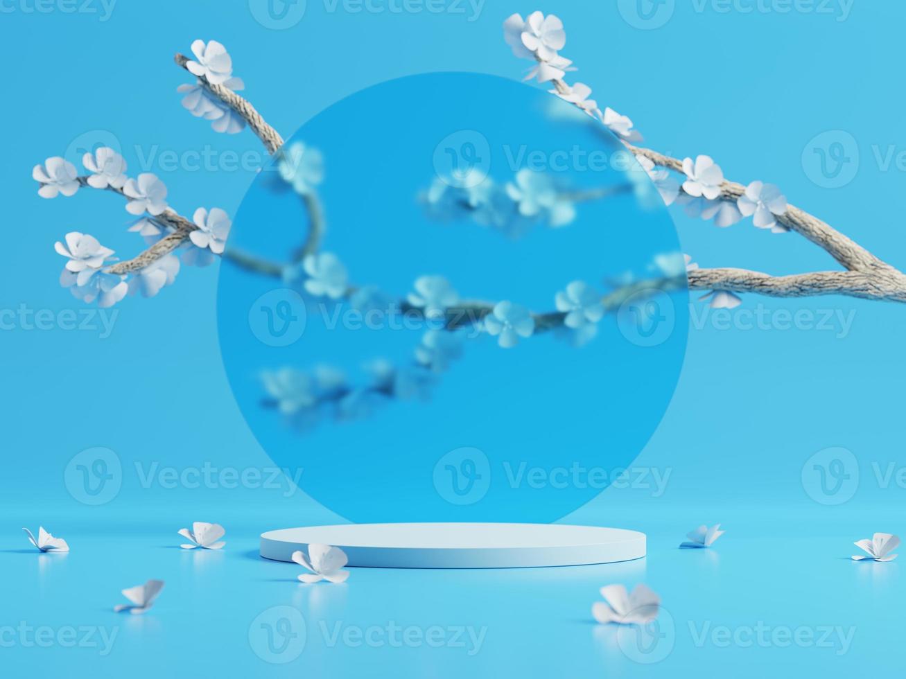 Podios de visualización mínimos en 3d con flor de cerezo o sakura sobre fondo azul. Representación 3D de presentación realista para publicidad de productos. Ilustración mínima 3d. foto