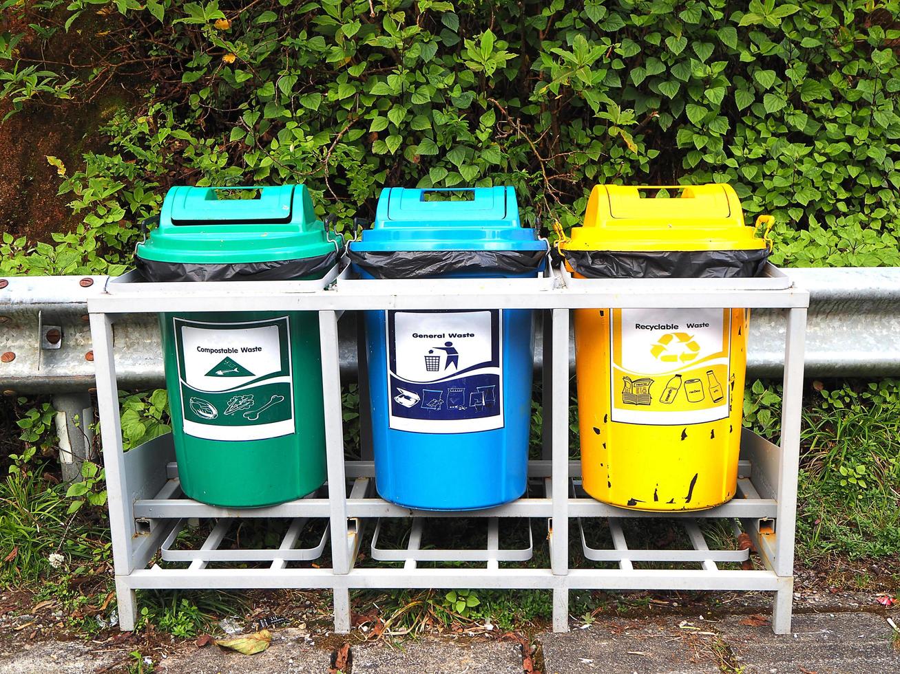 Three color trash can compostable, general, recycleble photo