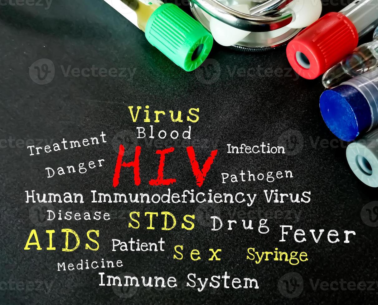 Red color text HIV term with word cloud on black Black background. photo