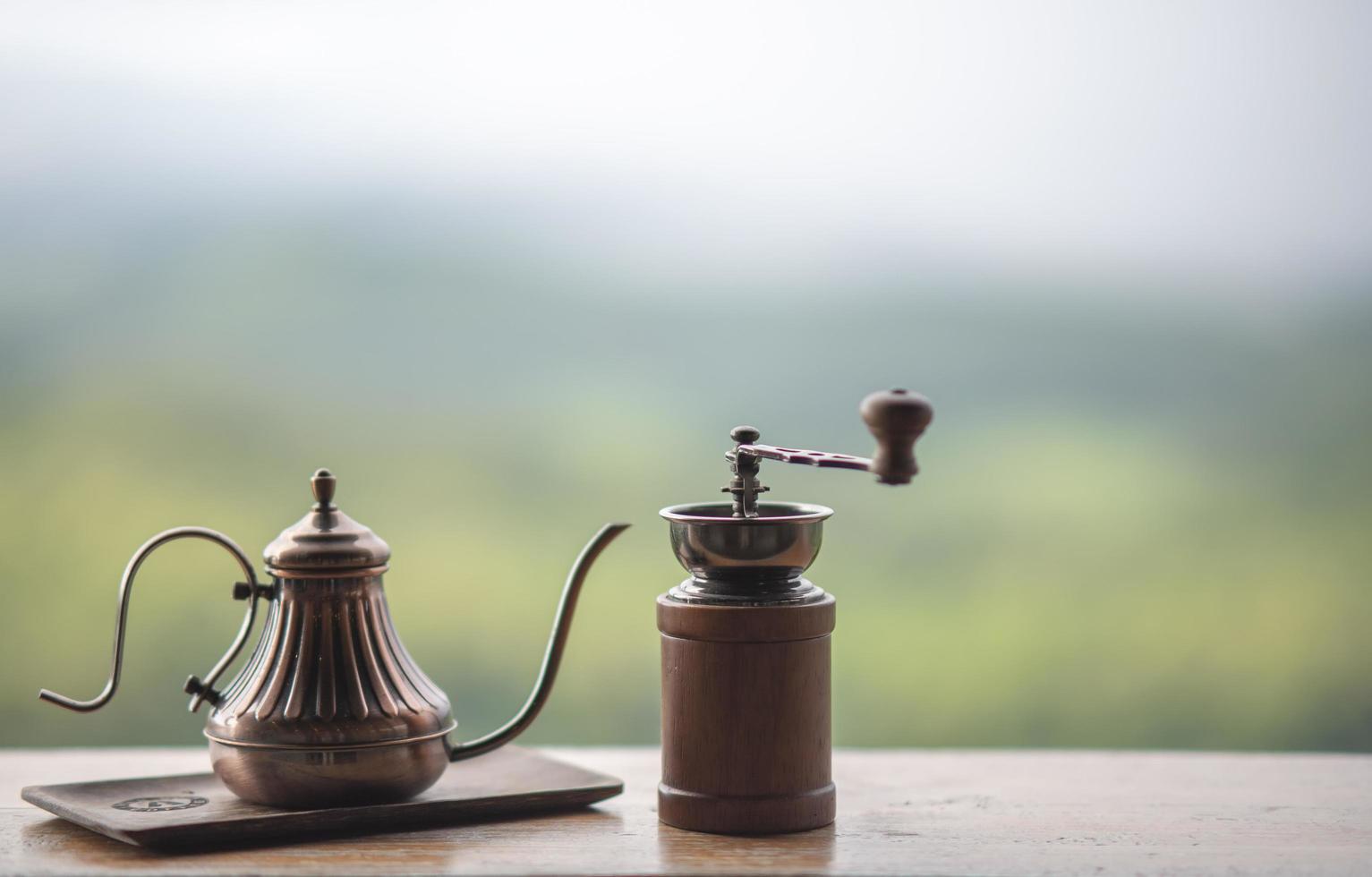 coffee set on wooden table in a refreshing natural atmosphere photo