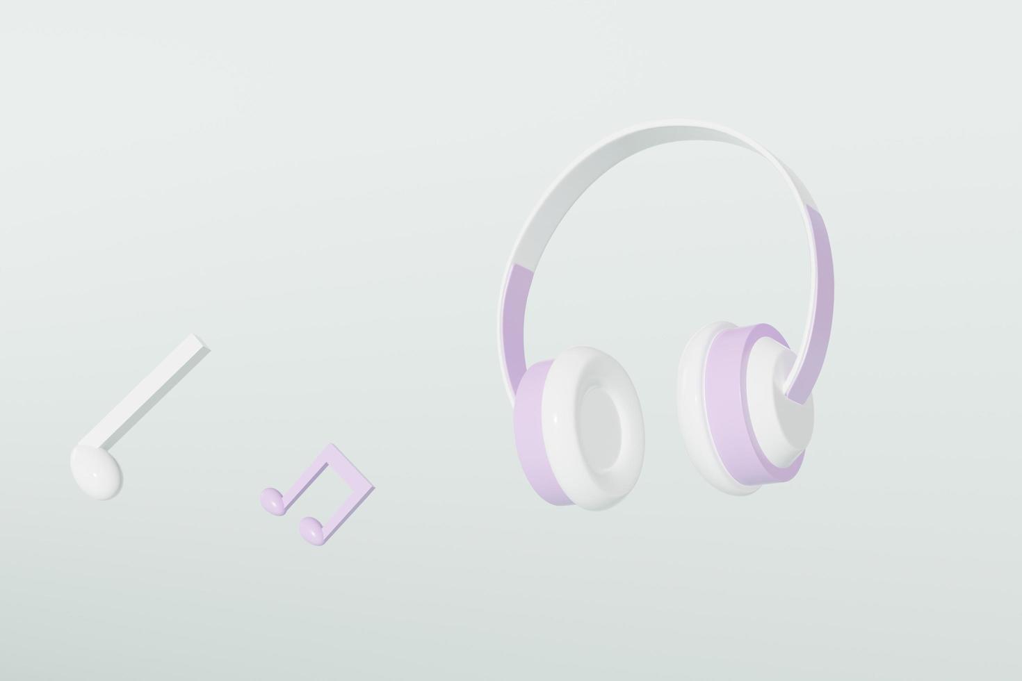 3D audio headphones white purple with music sound icon headset earphones abstract on white background. Concept music audio 3D rendering illustration. photo