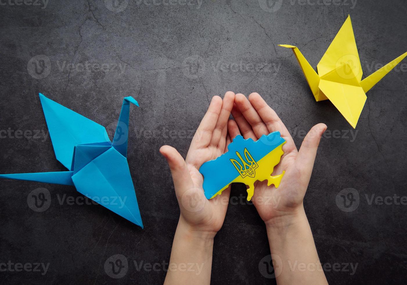 Hands holding the shape of Ukraine border with color flag photo