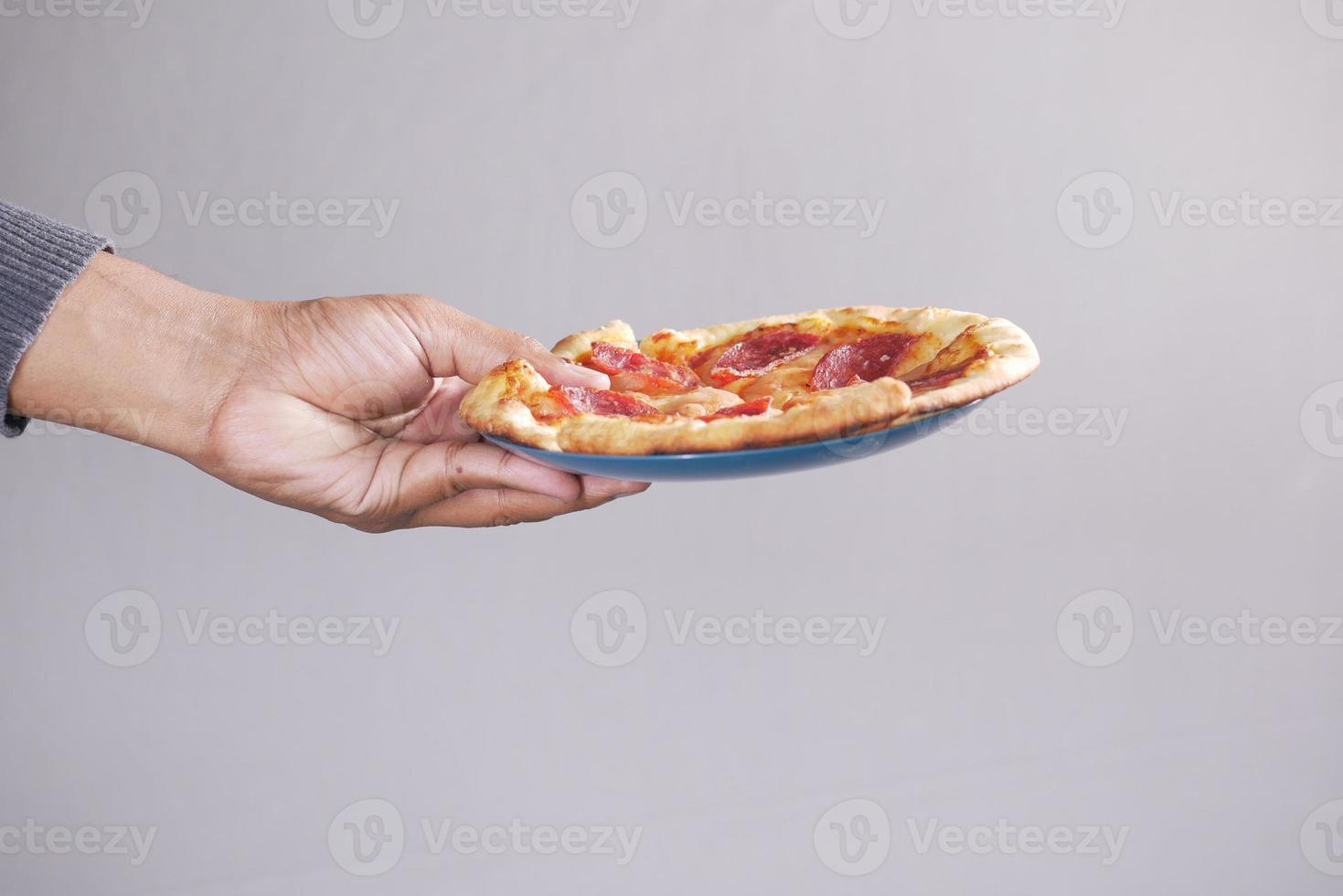 Slice of cheese pizza on a plate on wooden table. photo