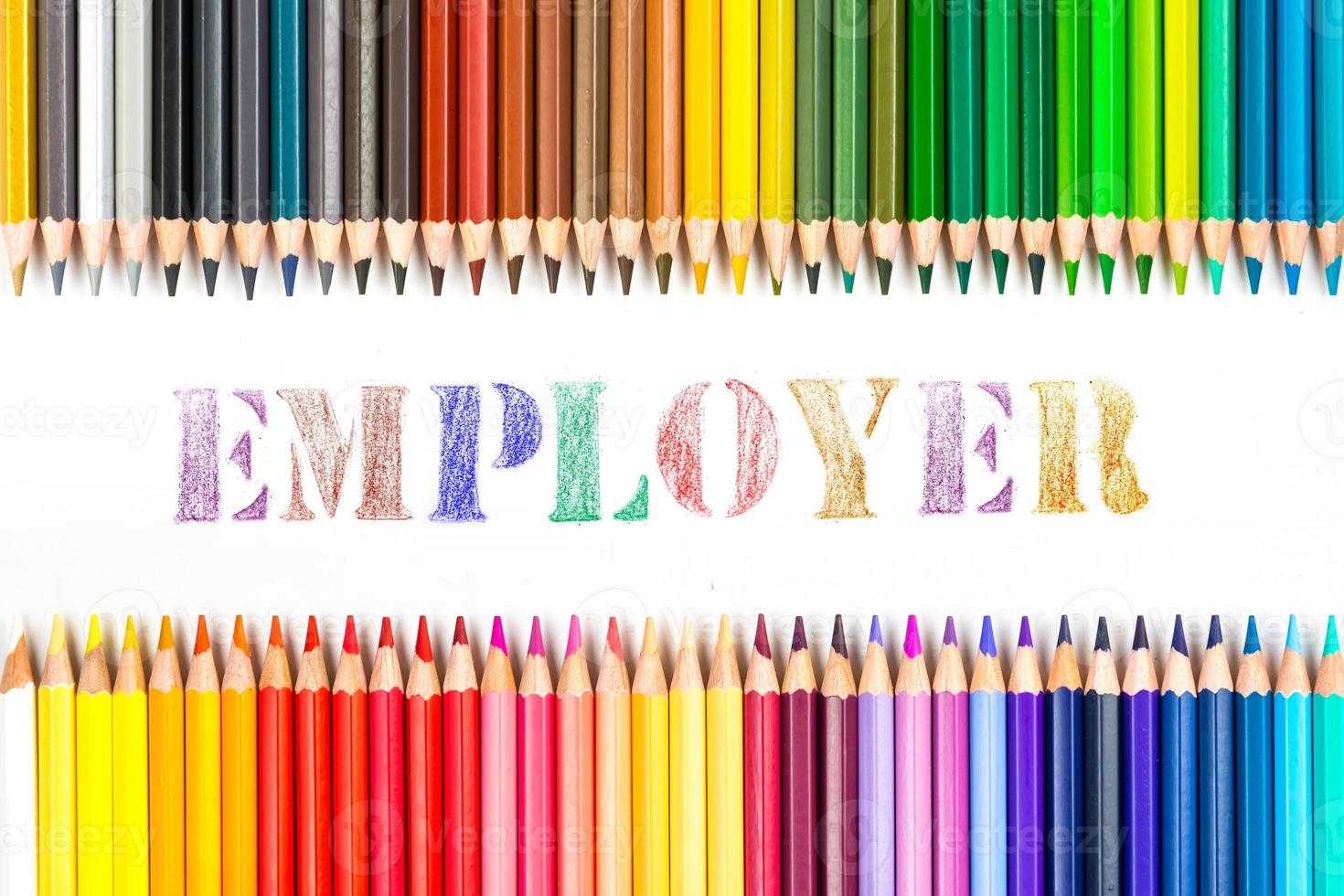 Multi-colored wooden sticks Wooden colouring pencils and Employee on white background photo