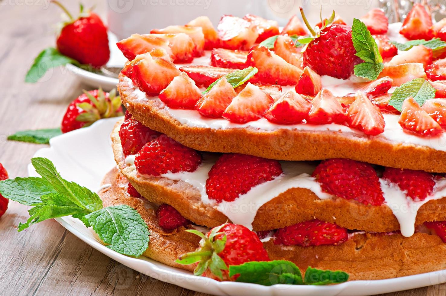 Summer strawberry cake in the form of a rustic photo