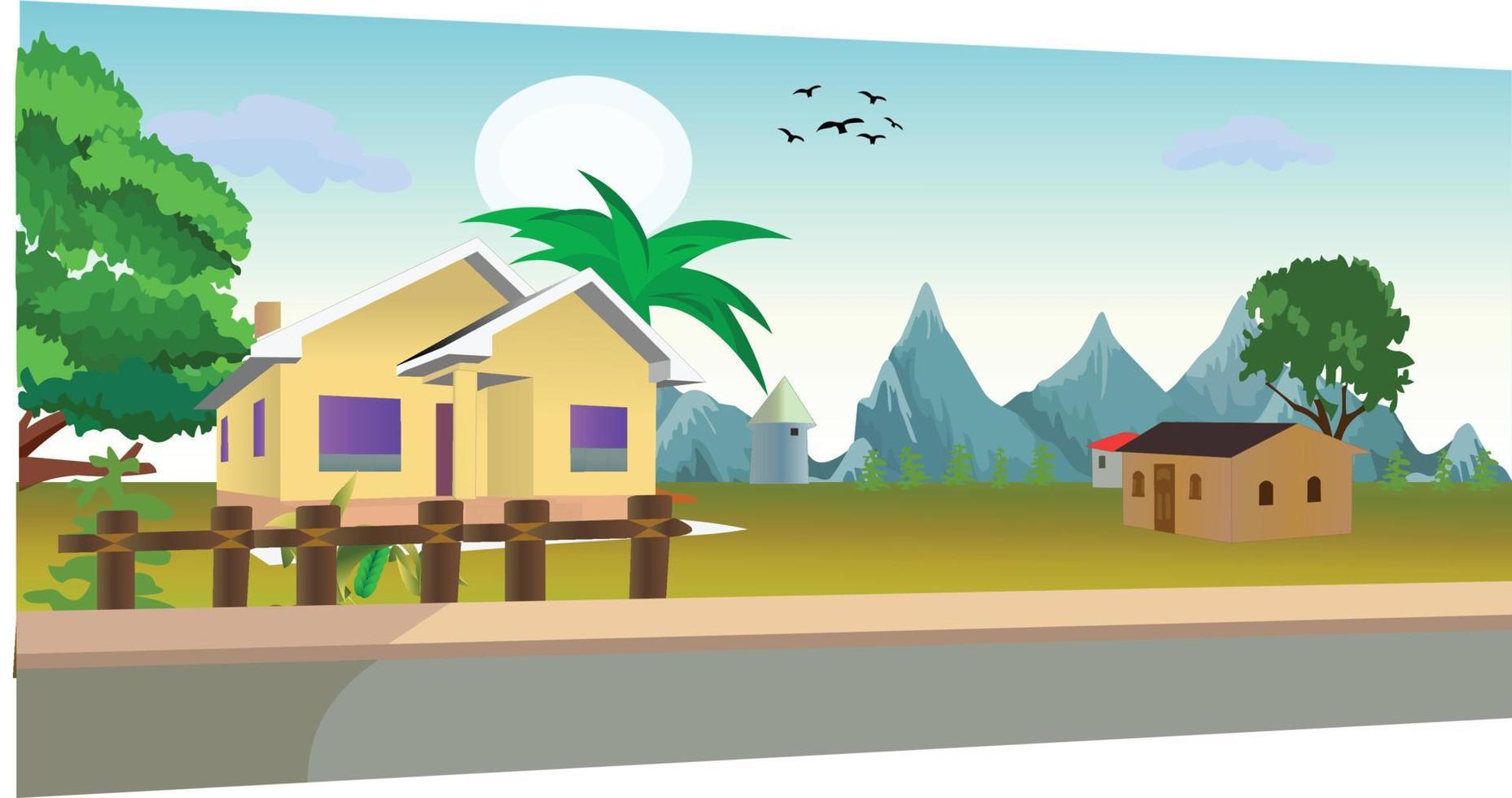 Cartoon natural background town with two houses, road trees, mountain, sun, sky, clouds, birds, and green grass Etc. vector