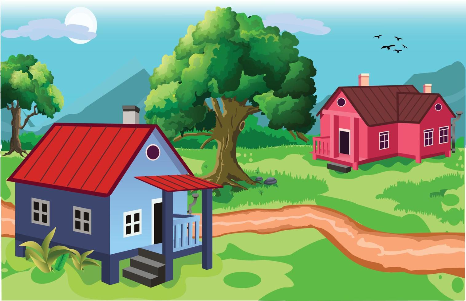 Two houses natural village town with, trees, mountain, sun, sky, clouds, birds, road and green grass cartoon background. vector