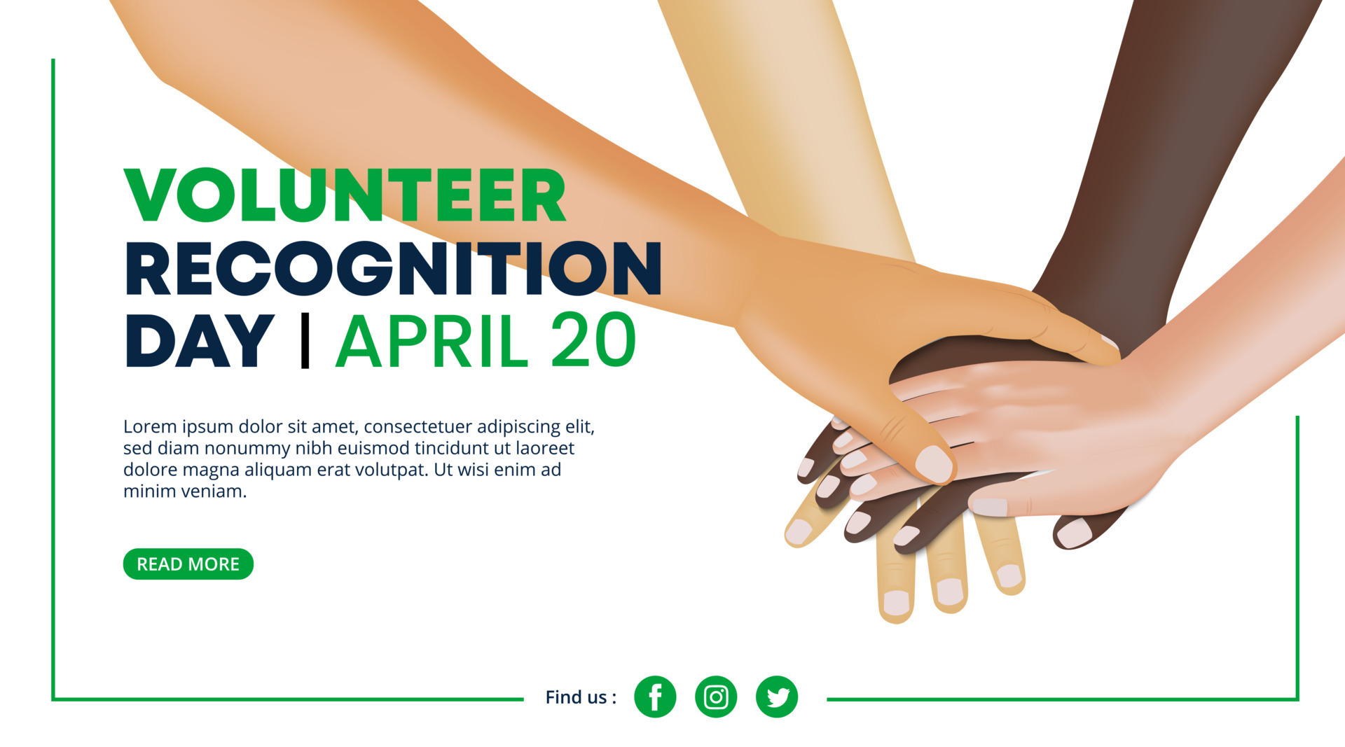 Volunteer recognition day background with hands of volunteers are