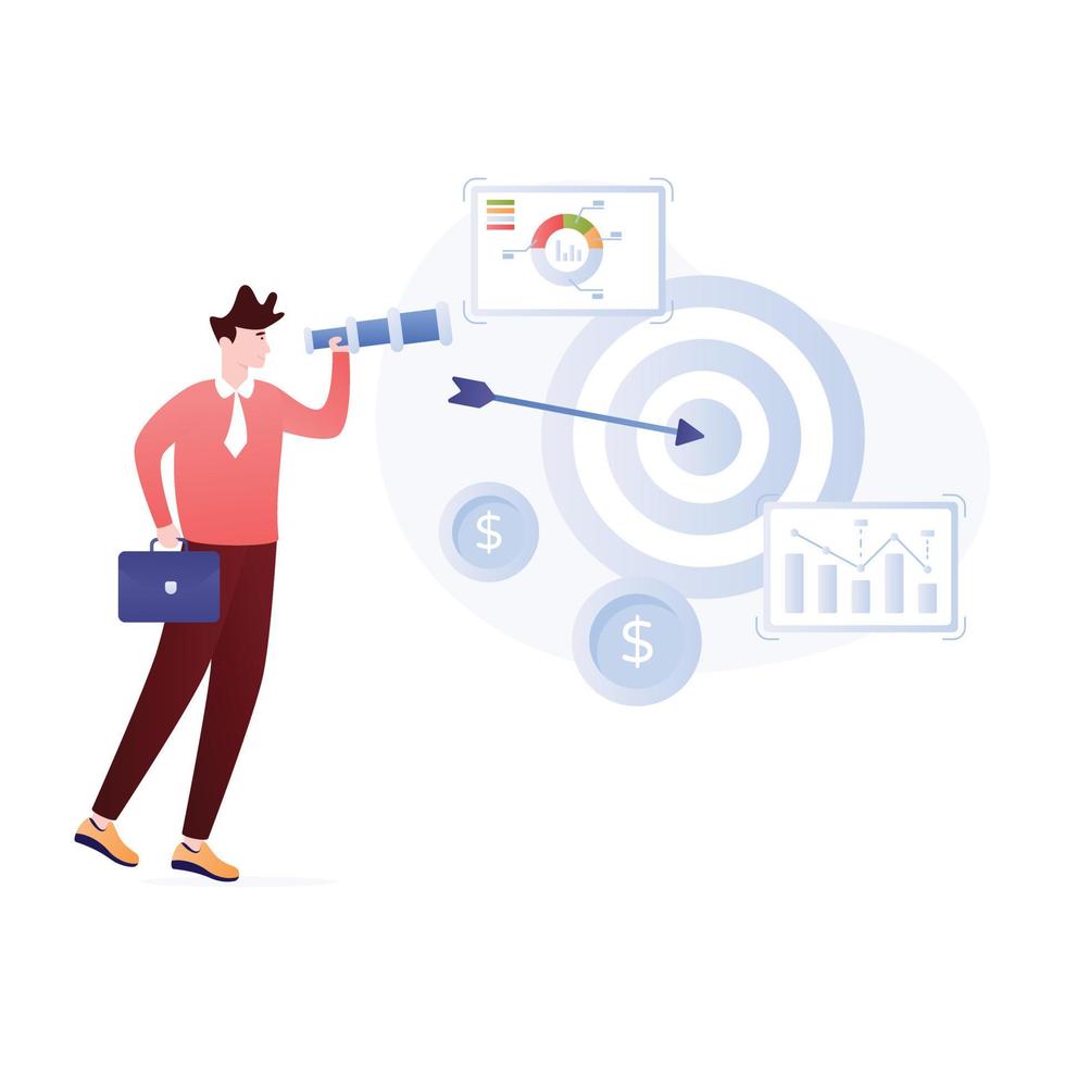Person with dartboard and chart, concept of business objectives flat illustration vector