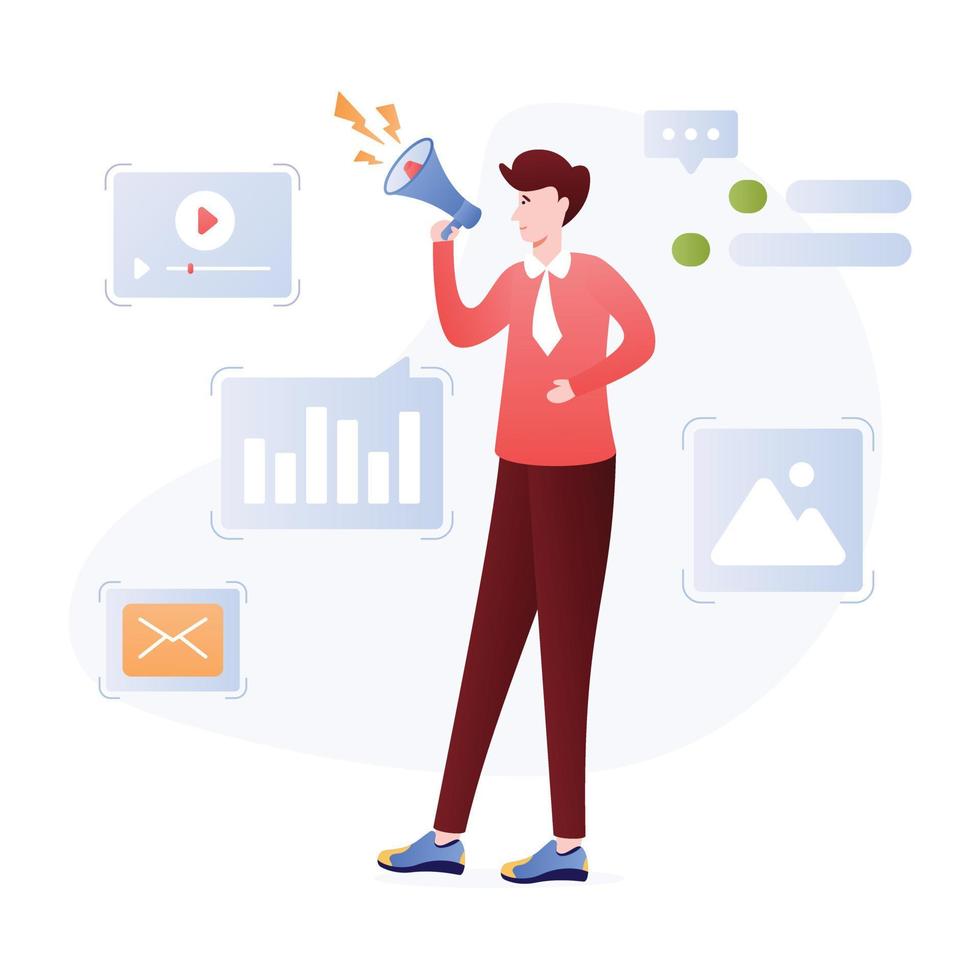 Person with megaphone, flat illustration of digital marketing vector