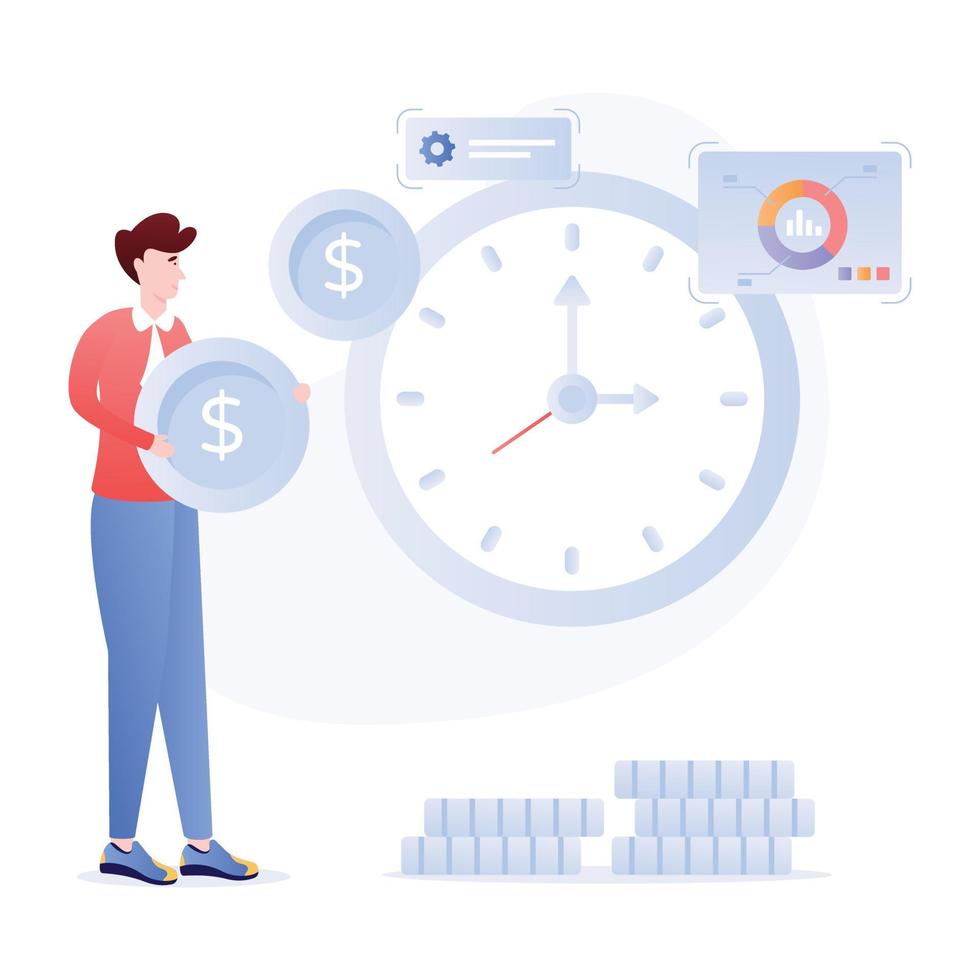Person with dollar and clock, concept of time is money flat illustration vector