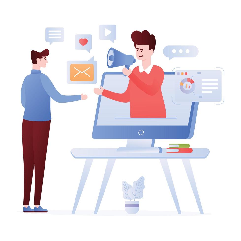 Person with megaphone and mobile, flat illustration of media marketing vector