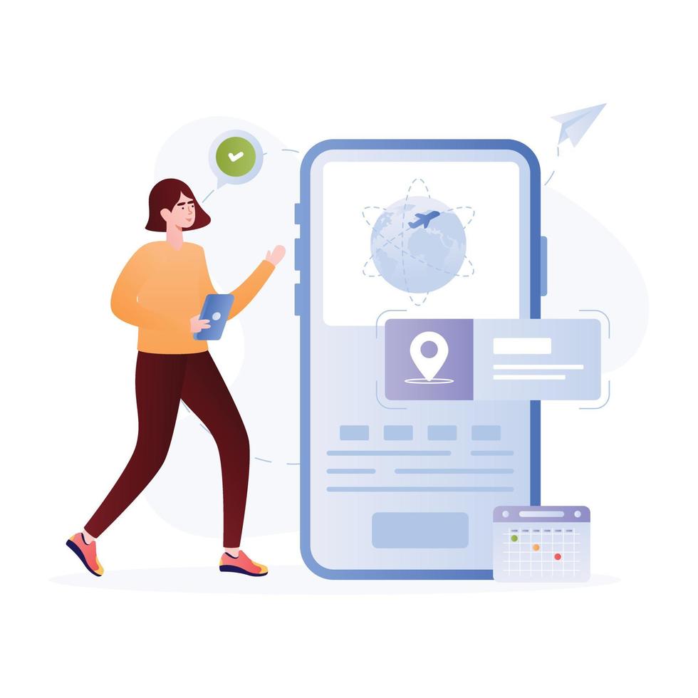 Person booking flight from travel app, flat illustration vector