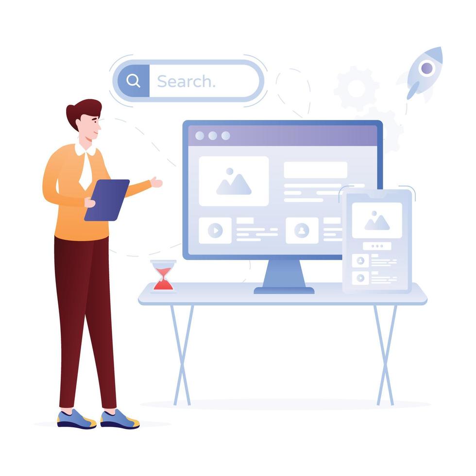 Monitor and mobile with same interface, flat illustration of adaptive design vector
