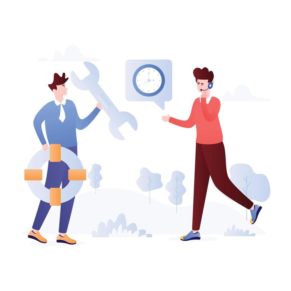 Person holding lifebuoy and spanner, flat illustration of technical support vector