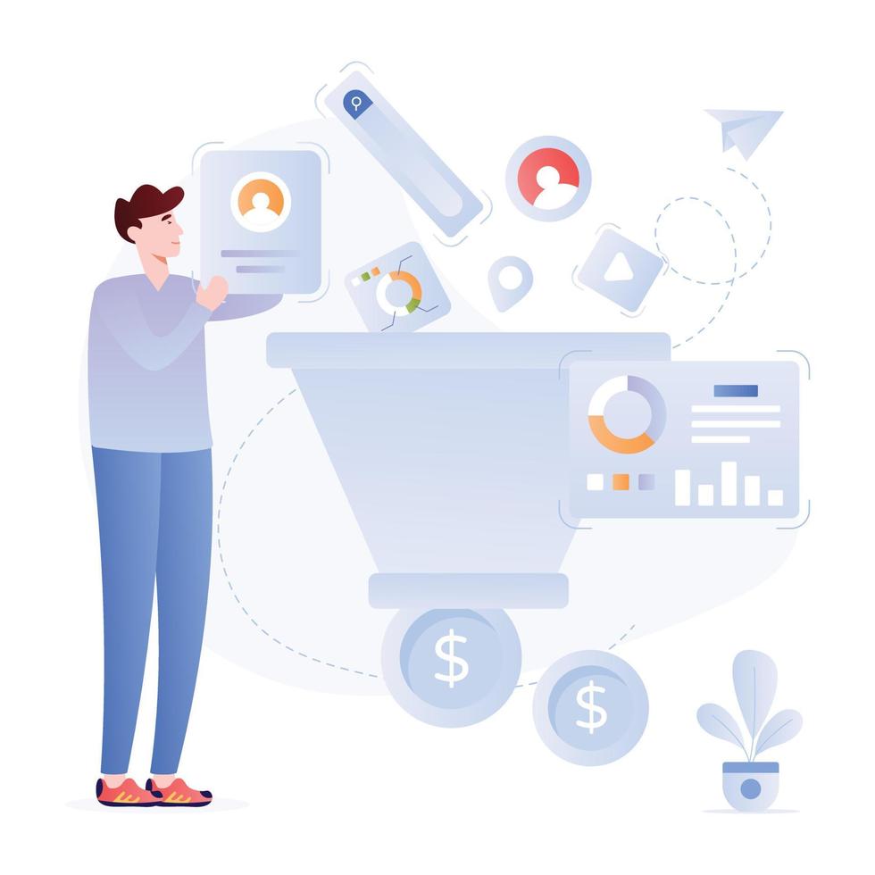 Data filtration, flat illustration of sales funnel vector