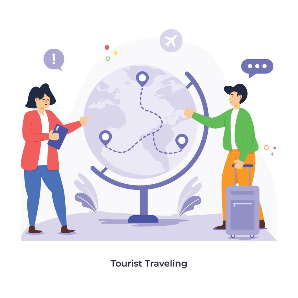 Persons with world map, flat illustration of tourist traveling vector