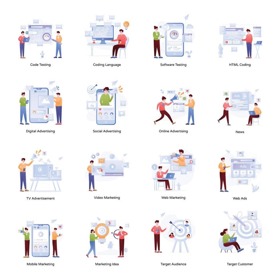 Collection of Digital Marketing Flat Illustrations vector