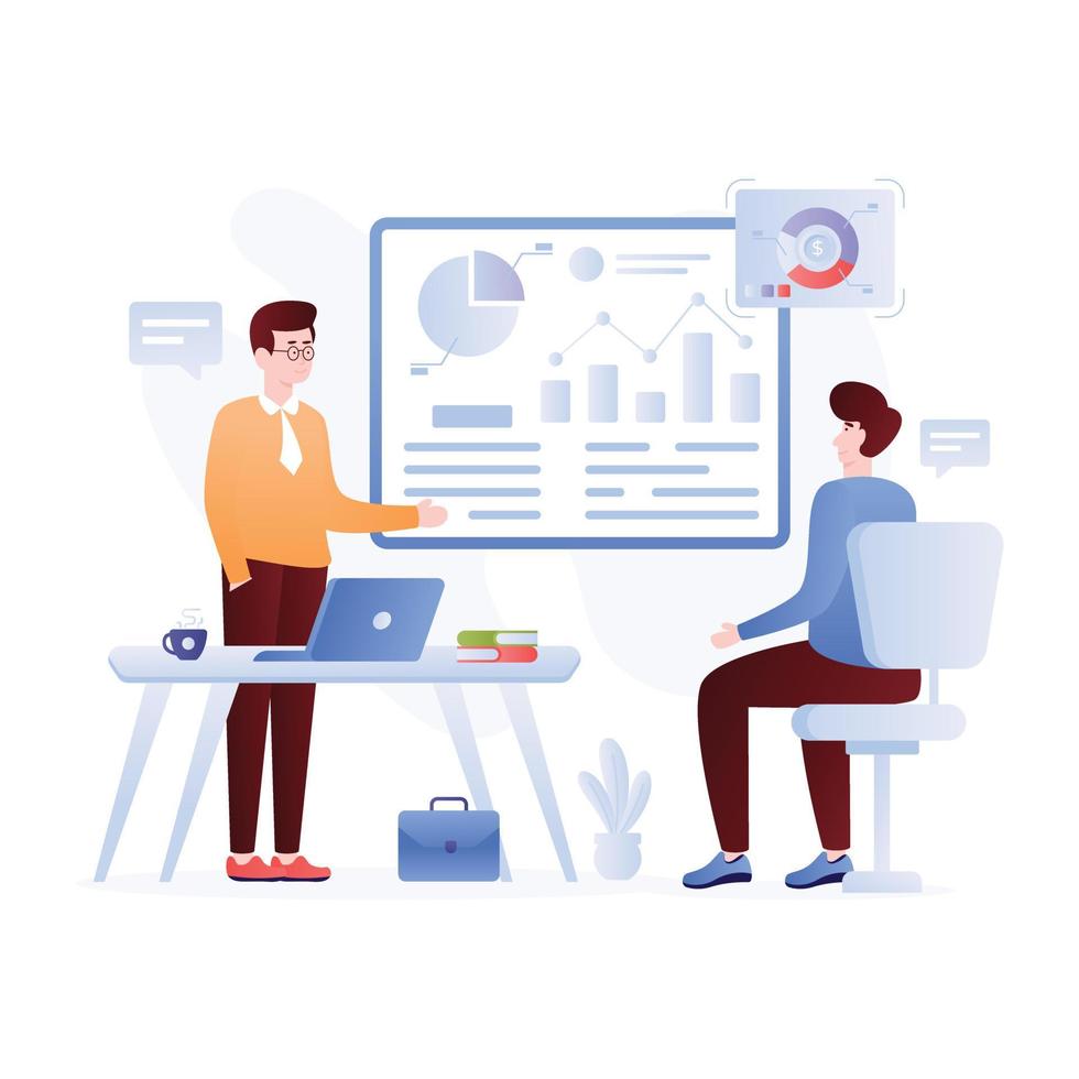 Persons monitoring data online, flat illustration of analytics vector