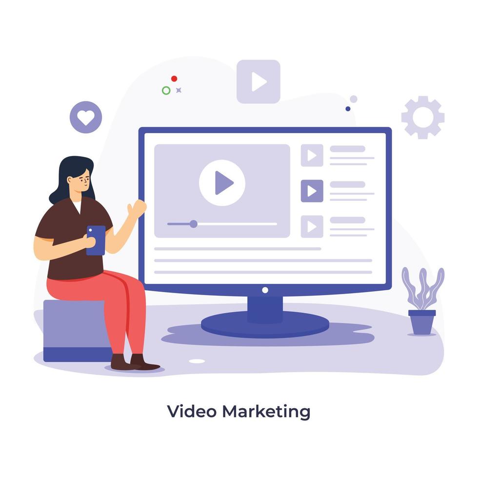 Girl streaming online, flat illustration of video marketing vector