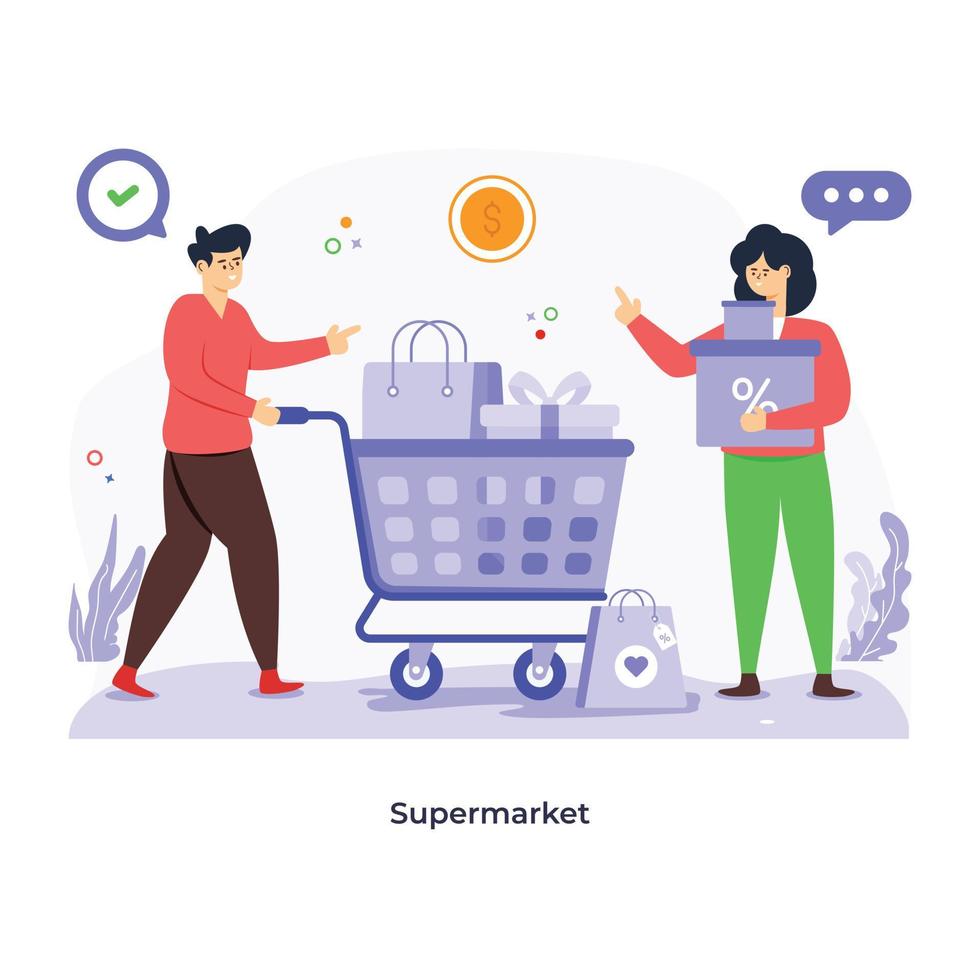 Person holding a shopping trolley, flat illustration of supermarket vector