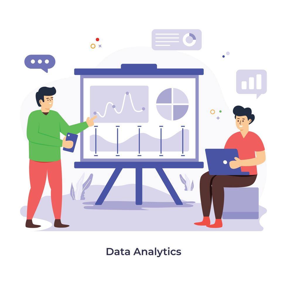 Persons discussing about chart, flat illustration of data analytics vector