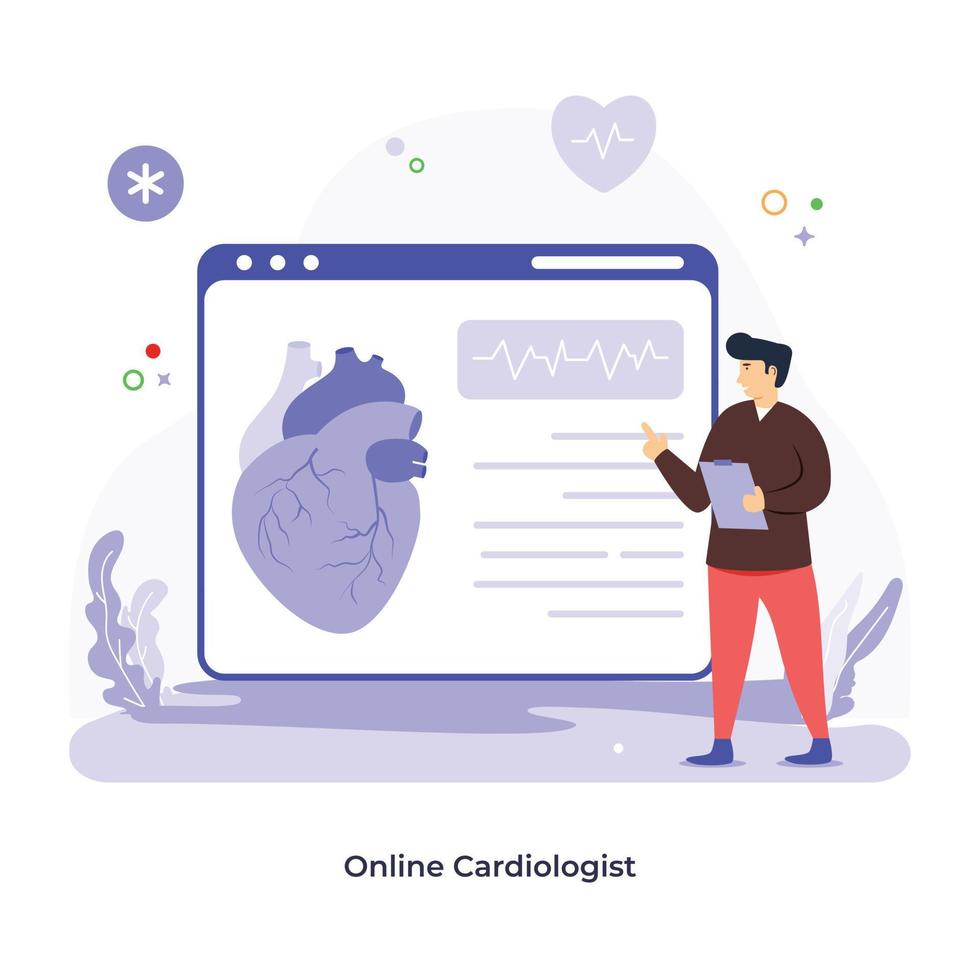 una ilustración plana editable de un cardiólogo en línea vector