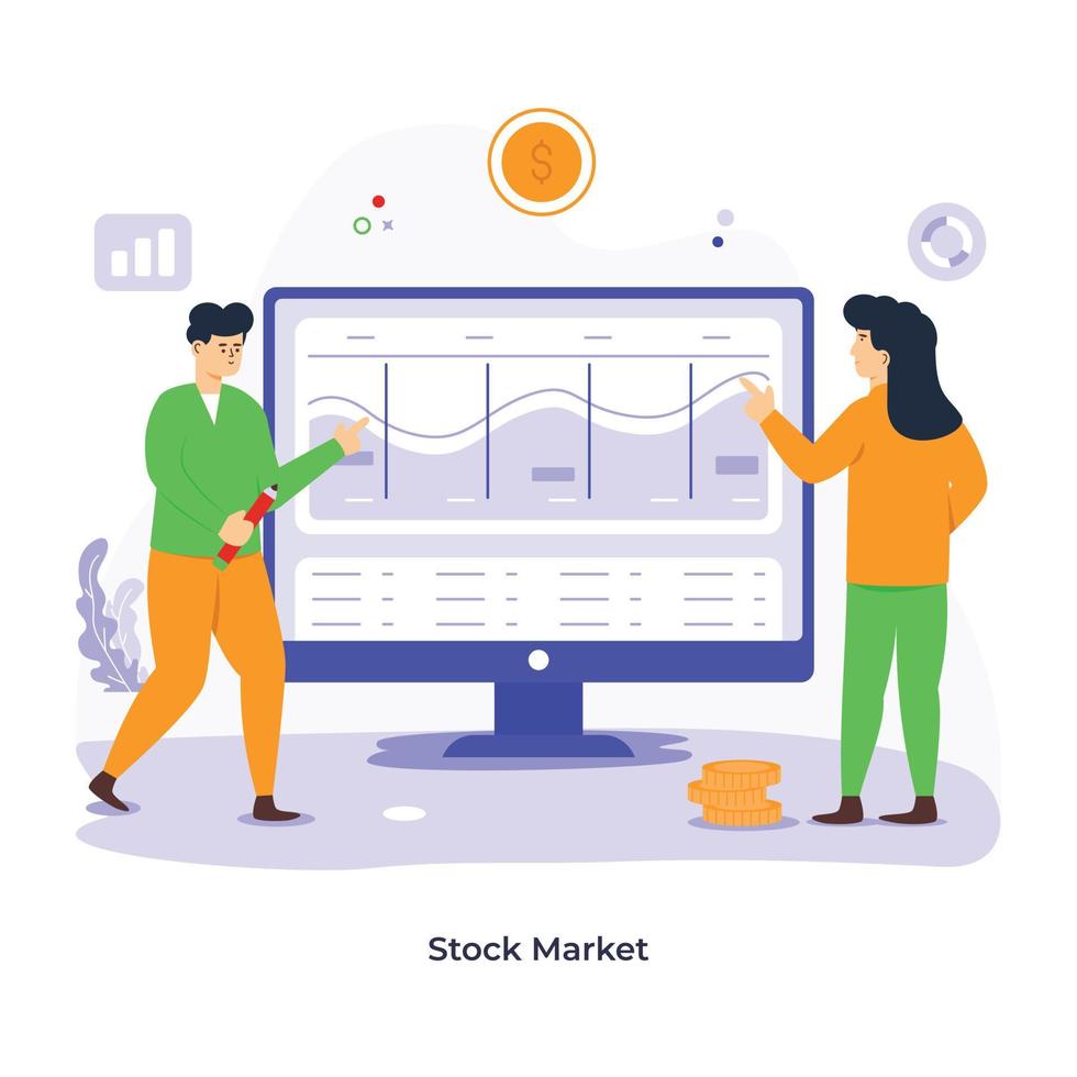 Persons monitoring online data, flat illustration of stock market vector