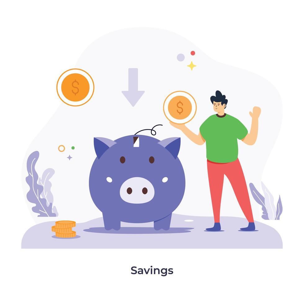 Person putting coins in piggy bank, concept of savings flat illustration vector