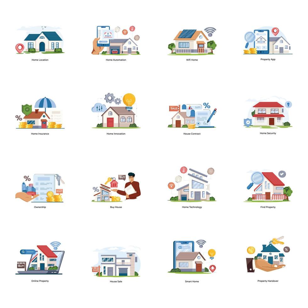 Set of Smart Homes Flat Illustrations vector