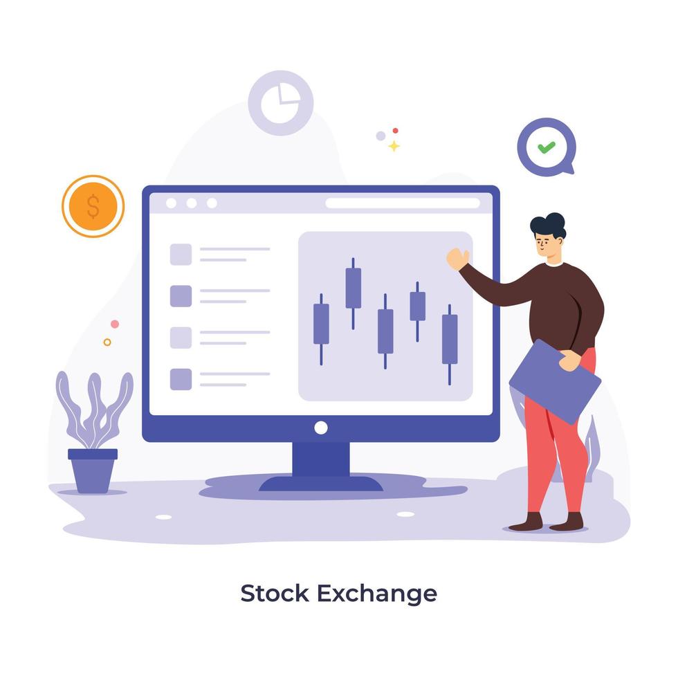 Person monitoring candlestick chart, flat illustration of stock exchange vector