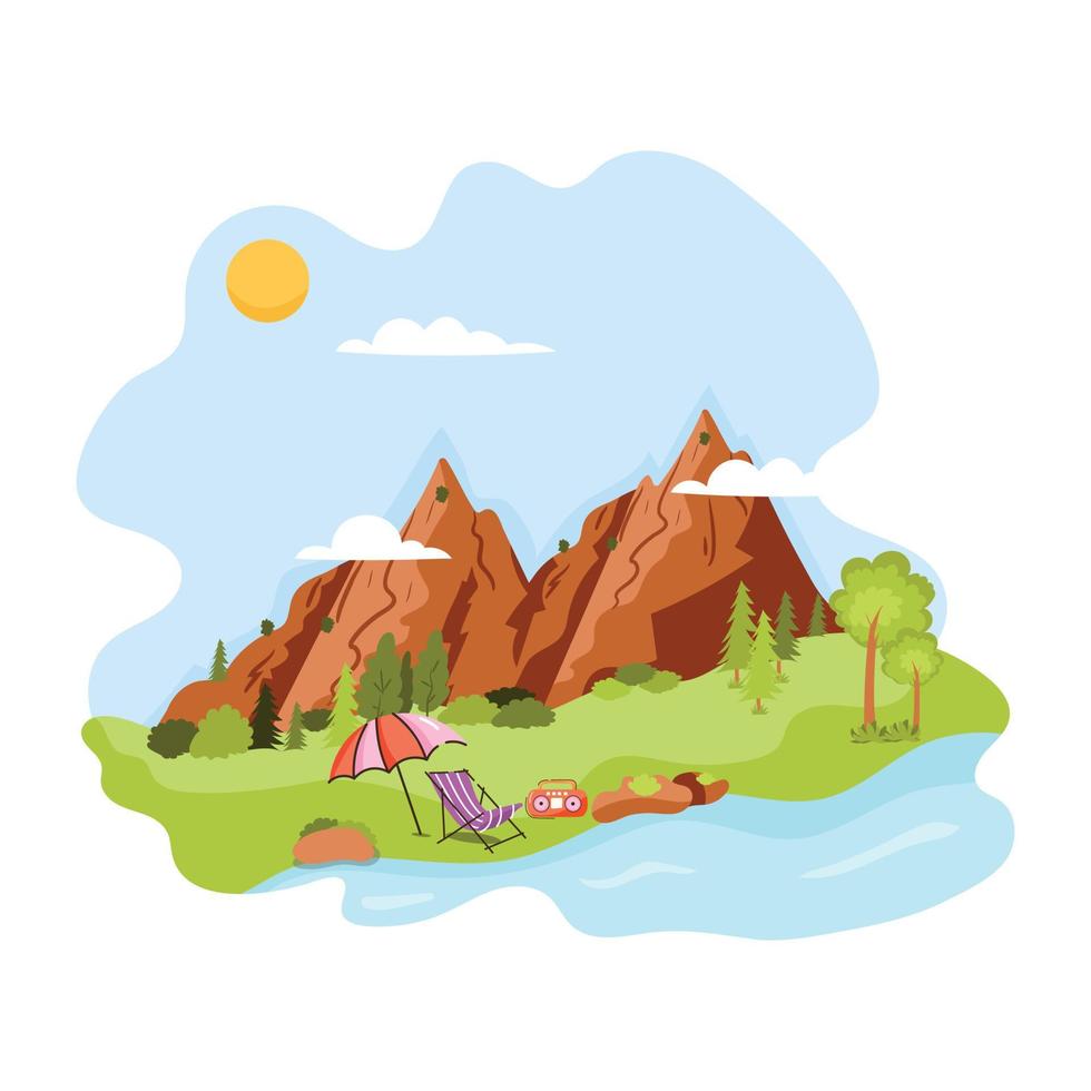 A high quality flat illustration of mountain beach vector