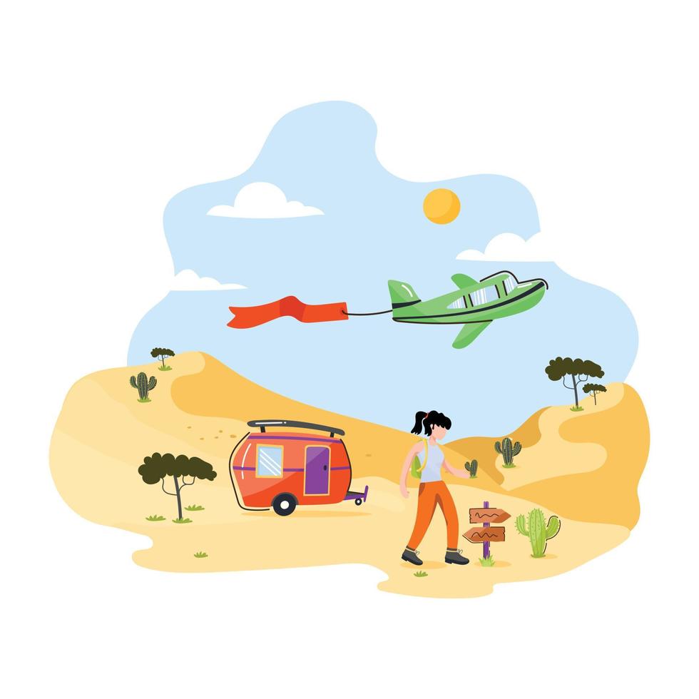 desierto camping ilustración plana, diseño editable vector