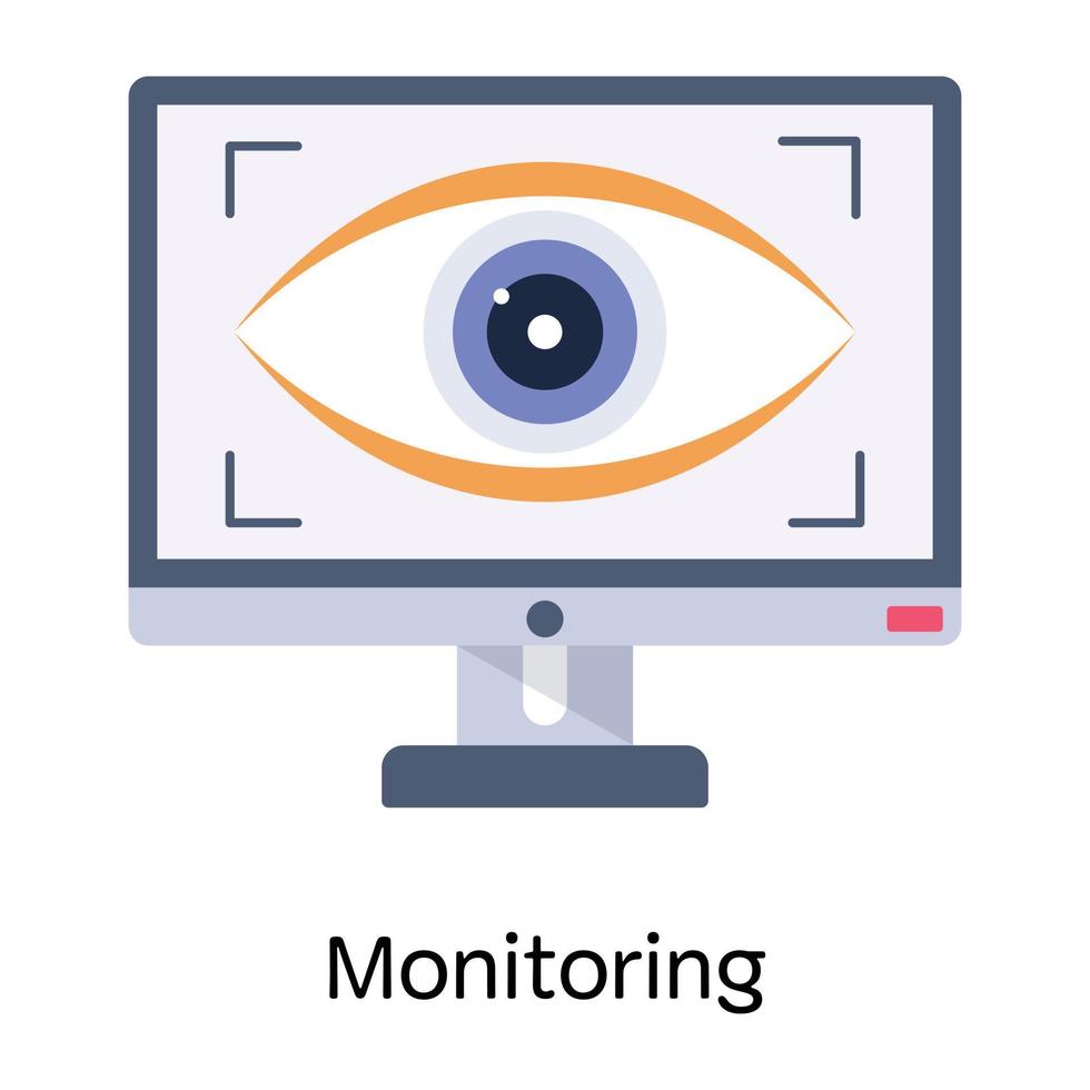 ojo dentro de la computadora, concepto de monitoreo de icono plano vector